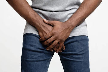 Man holding his groin, possibly discussing delay spray side effects on intimate health.