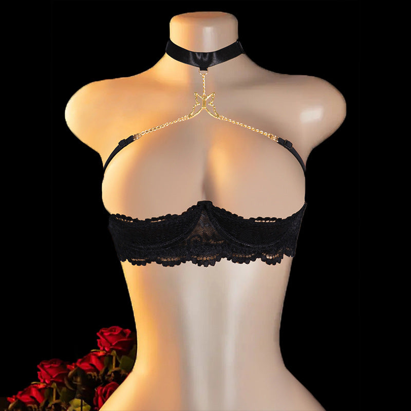 French Lace Quarter Cup Bra Sheer Embroidered Sexy Lingerie-Black Choker Butterfly Chain