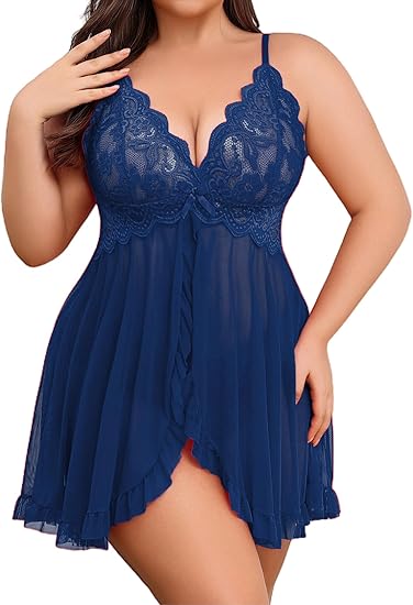Plus Size Lace Lingerie V-Neck Open Front Chemise Sexive Nightdress-dark blue