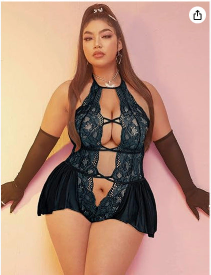 Sexy Plus Size Sheer Lace Deep V Neck Cross Halter Bodysuit Lingerie-dark green  one front View