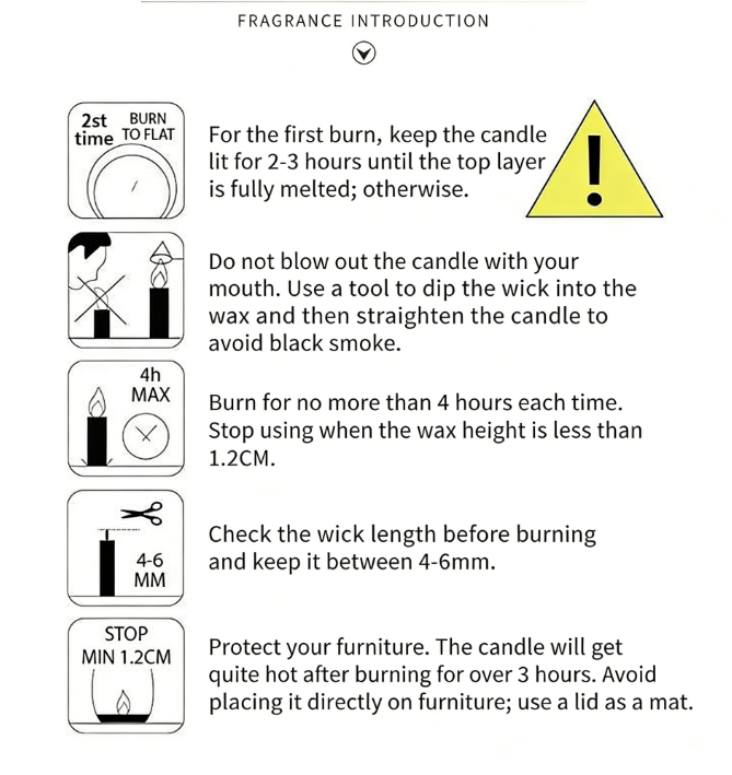 Instructions for use of Aromatherapy Massage Candle for sex, including burn time and wick maintenance.