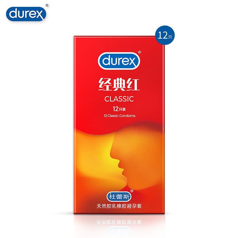 Durex Condoms Classic Red pack containing 12 lubricated natural rubber latex condoms for safe intimacy.