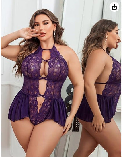 Sexy Plus Size Sheer Lace Deep V Neck Cross Halter Bodysuit Lingerie-purple one front View