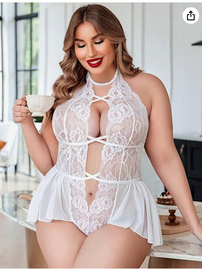 Sexy Plus Size Sheer Lace Deep V Neck Cross Halter Bodysuit Lingerie-white one front view