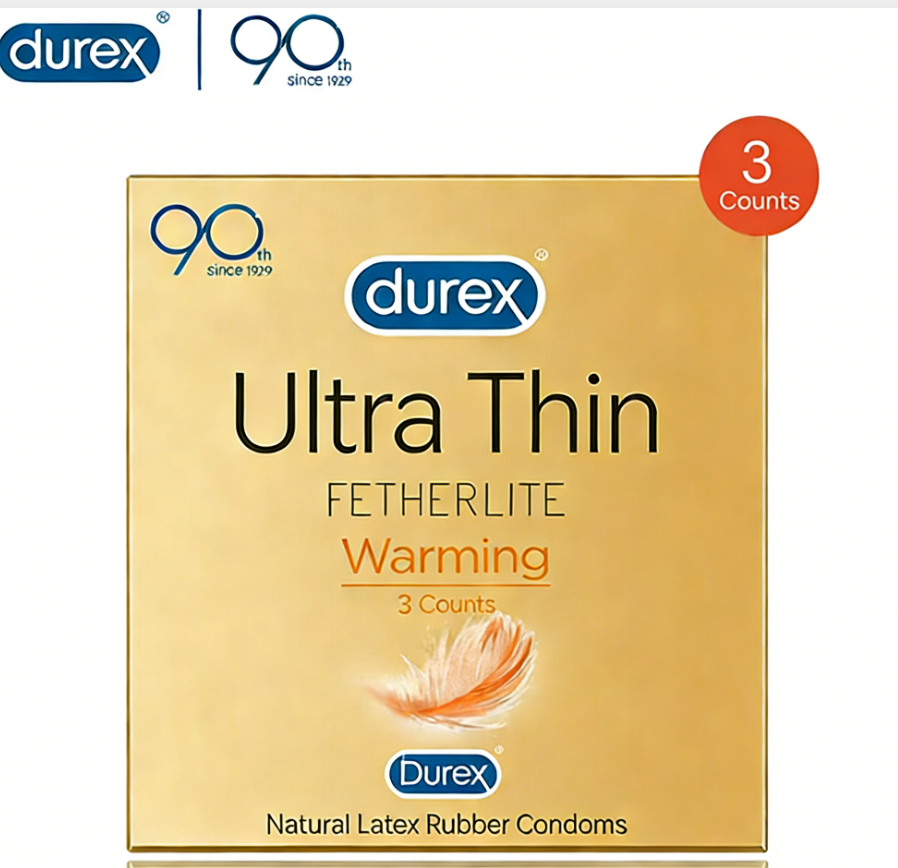 Natural Rubber Condoms Durex Ultra Thin Warming 3 Counts packaging image for heightened sensation.