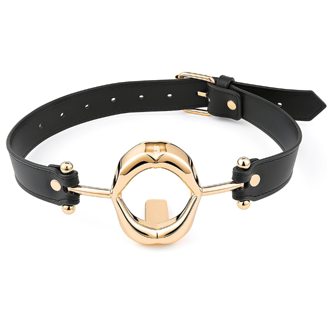 BDSM Rose Gold Deep Throat Mouth Gag with black leather strap, engineered for comfort and control.