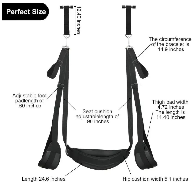 Door Sex Swing showing adjustable straps and cushions with detailed size specifications for bondage play.