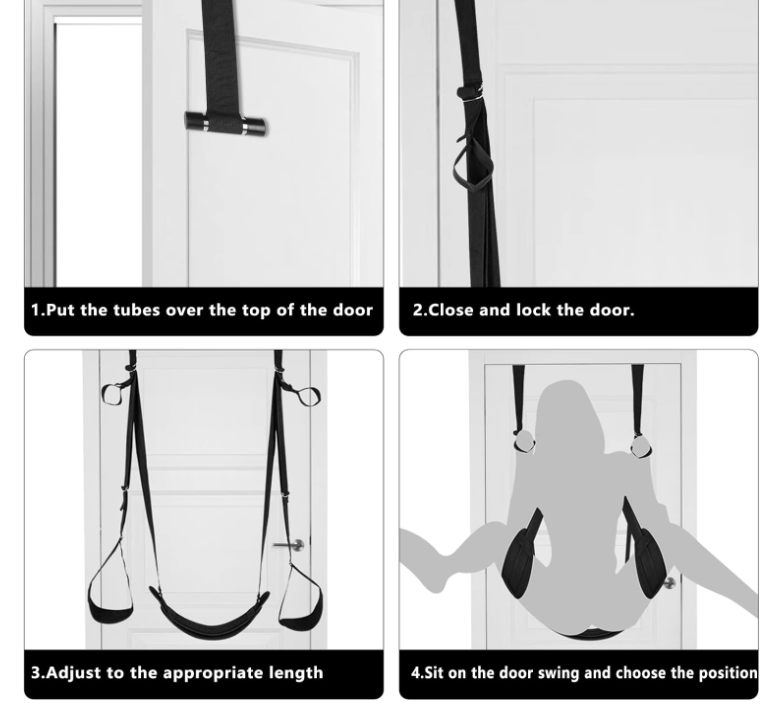 Instructions for using the Door Sex Swing, featuring secure installation and adjustable length for SM play.