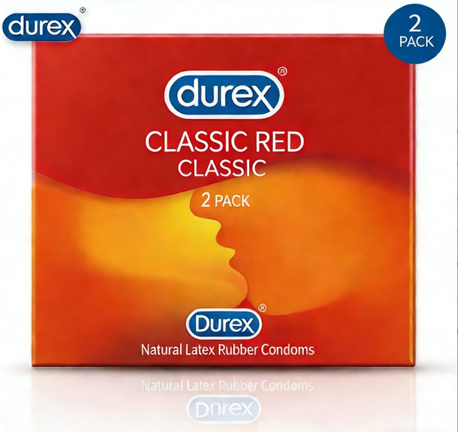 Durex Condoms Classic Red packaging showing 2 pack of natural latex rubber condoms for reliable protection.