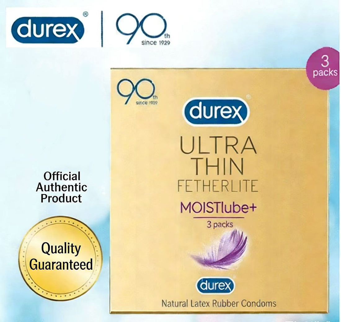 Natural Rubber Latex Condoms: Durex Lube Ultra Thin Combo packaging with quality guarantee and 3 pack information.