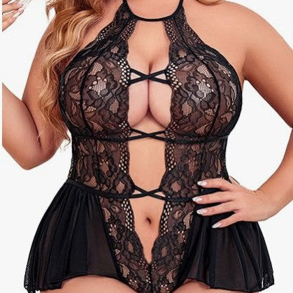 Sexy Plus Size Sheer Lace Deep V Neck Cross Halter Bodysuit Lingerie-black one model dispiay