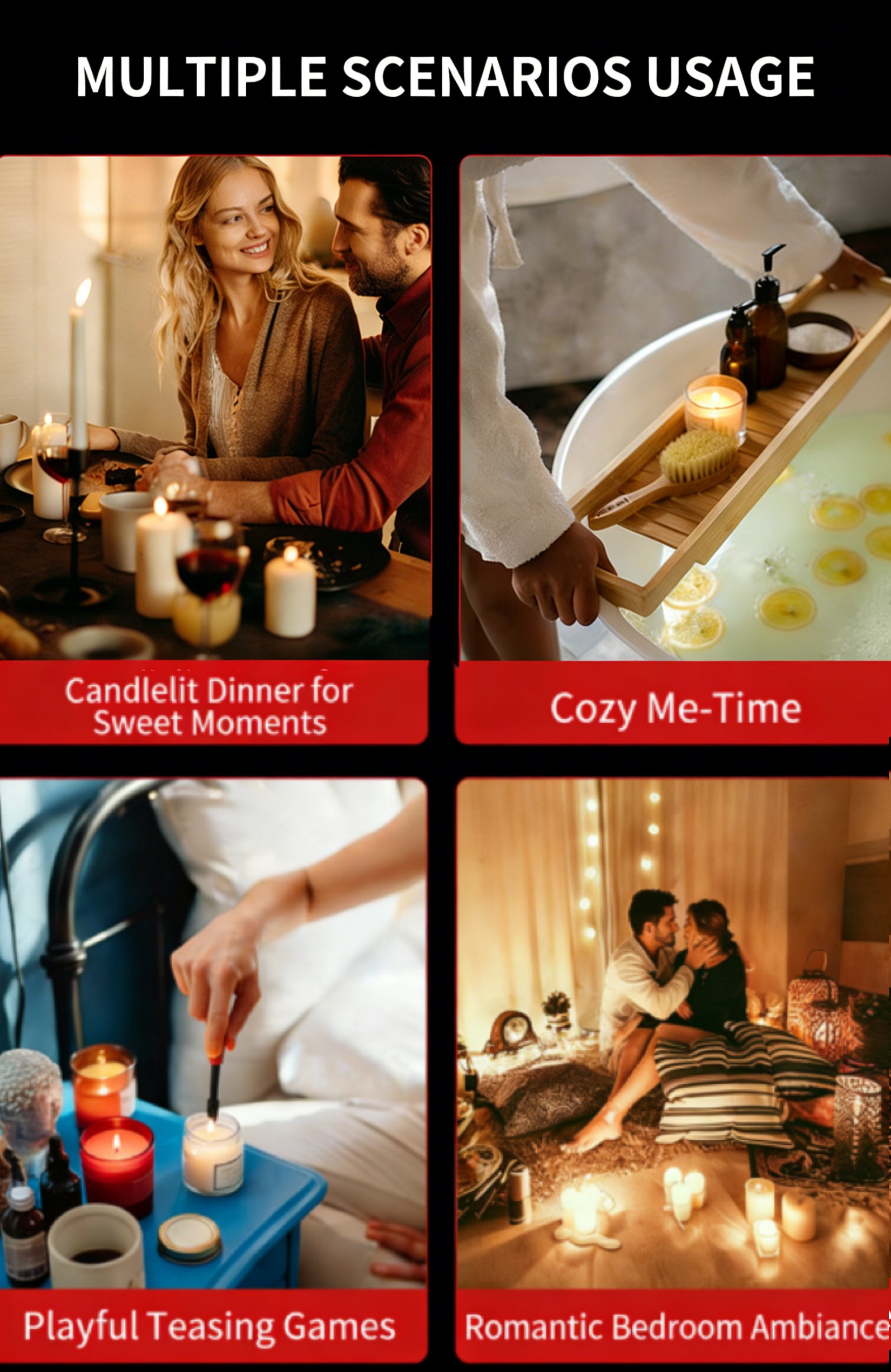 Multiple scenarios showcasing the Low-Temperature Play Candle for couple BDSM in romantic and playful settings.