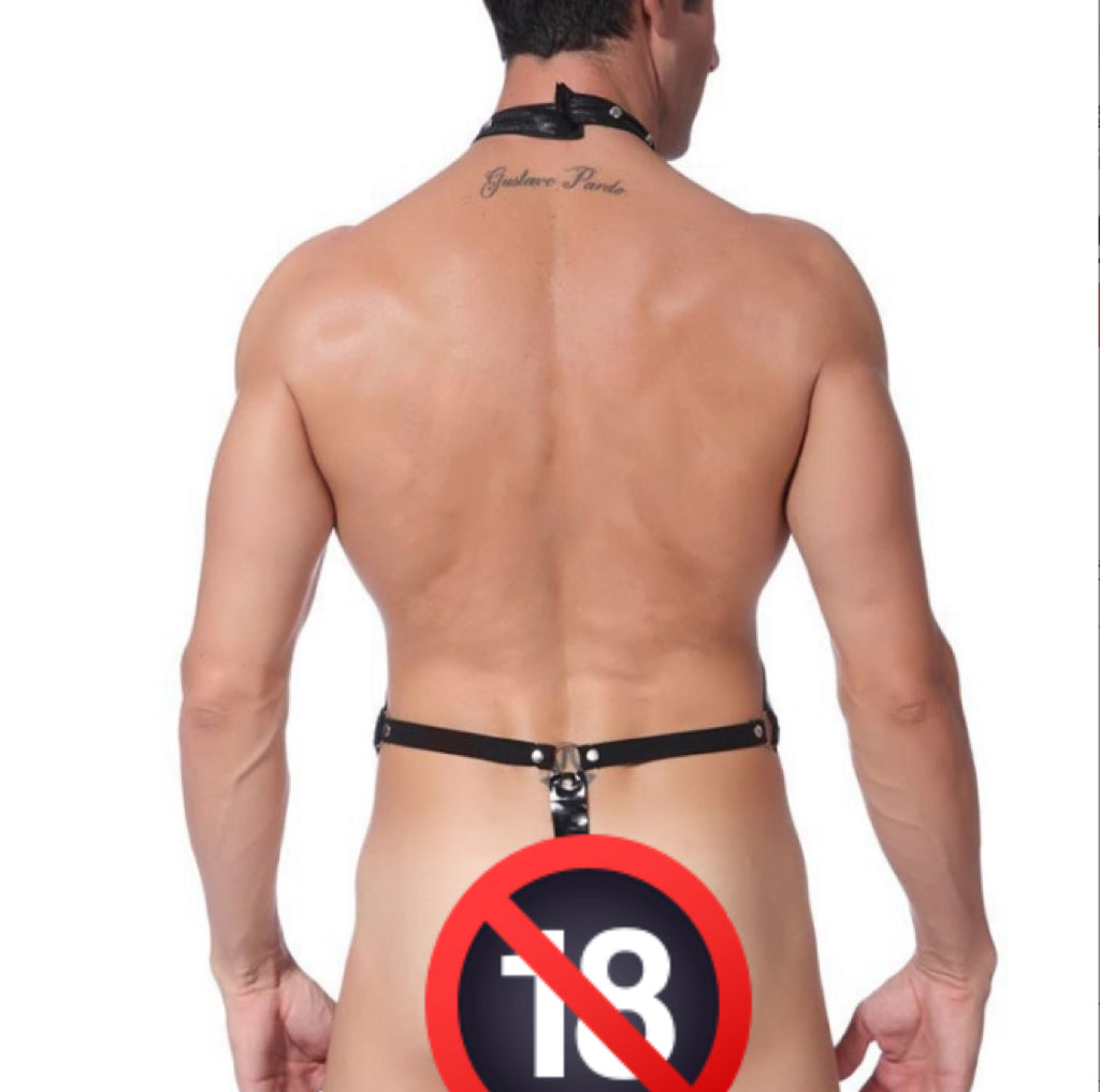 Men's Leather Sexy Jumpsuit Thong Underwear Set Front view display