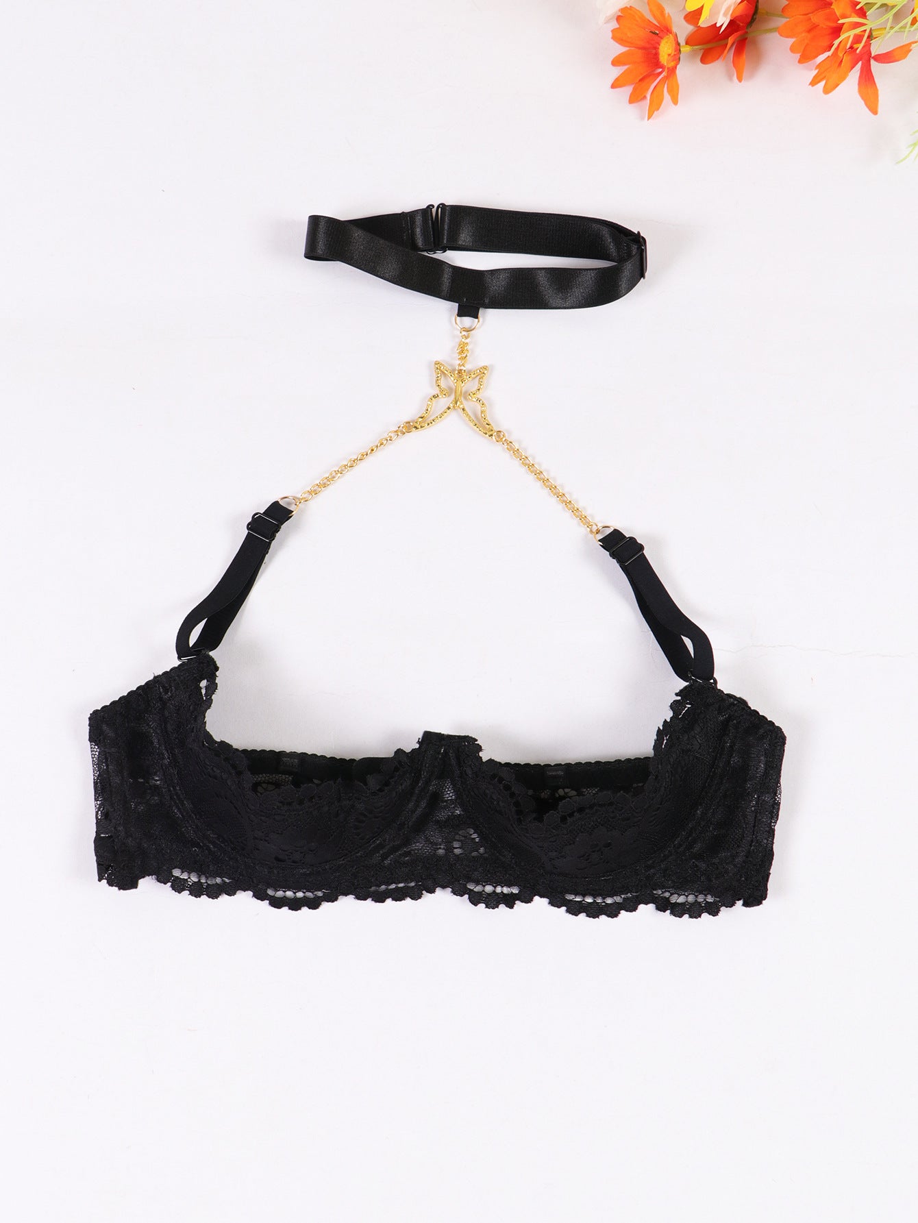 French Lace Quarter Cup Bra Sheer Embroidered Sexy Lingerie-product display