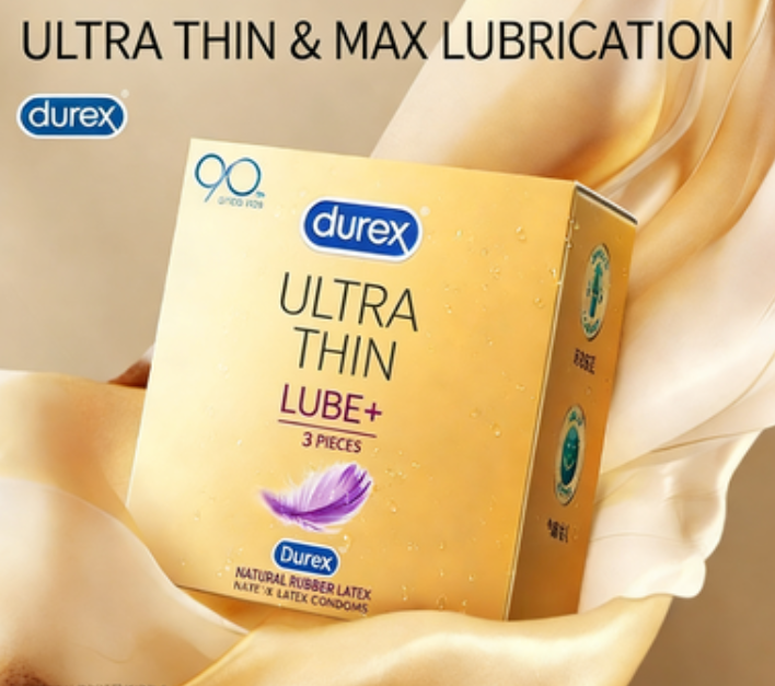 Natural Rubber Latex Condoms: Durex Lube Ultra Thin Combo packaging with quality guarantee and 3 pack information.