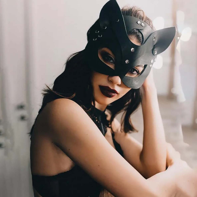Leather Fox Mask for Women worn by model, showcasing adjustable fit and stylish design for adult roleplay.