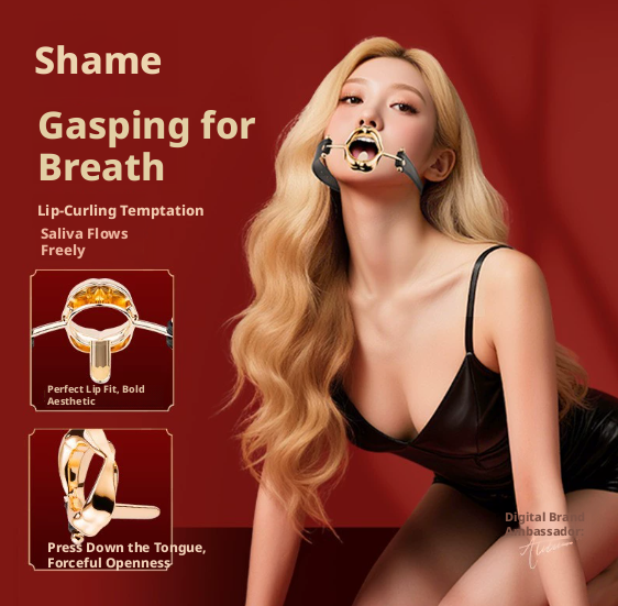 BDSM Rose Gold Deep Throat Mouth Gag on model, showcasing comfort fit and bold design for enhanced pleasure.