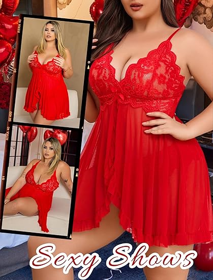 Plus Size Lace Lingerie V-Neck Open Front Chemise Sexive Nightdress-details introduction