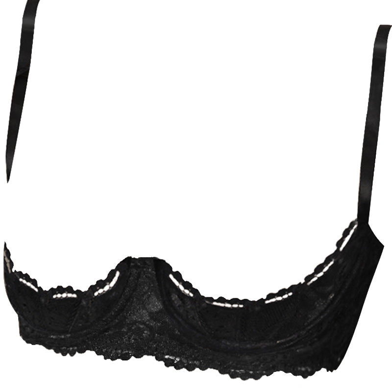 French Lace Quarter Cup Bra Sheer Embroidered Sexy Lingerie-black one 