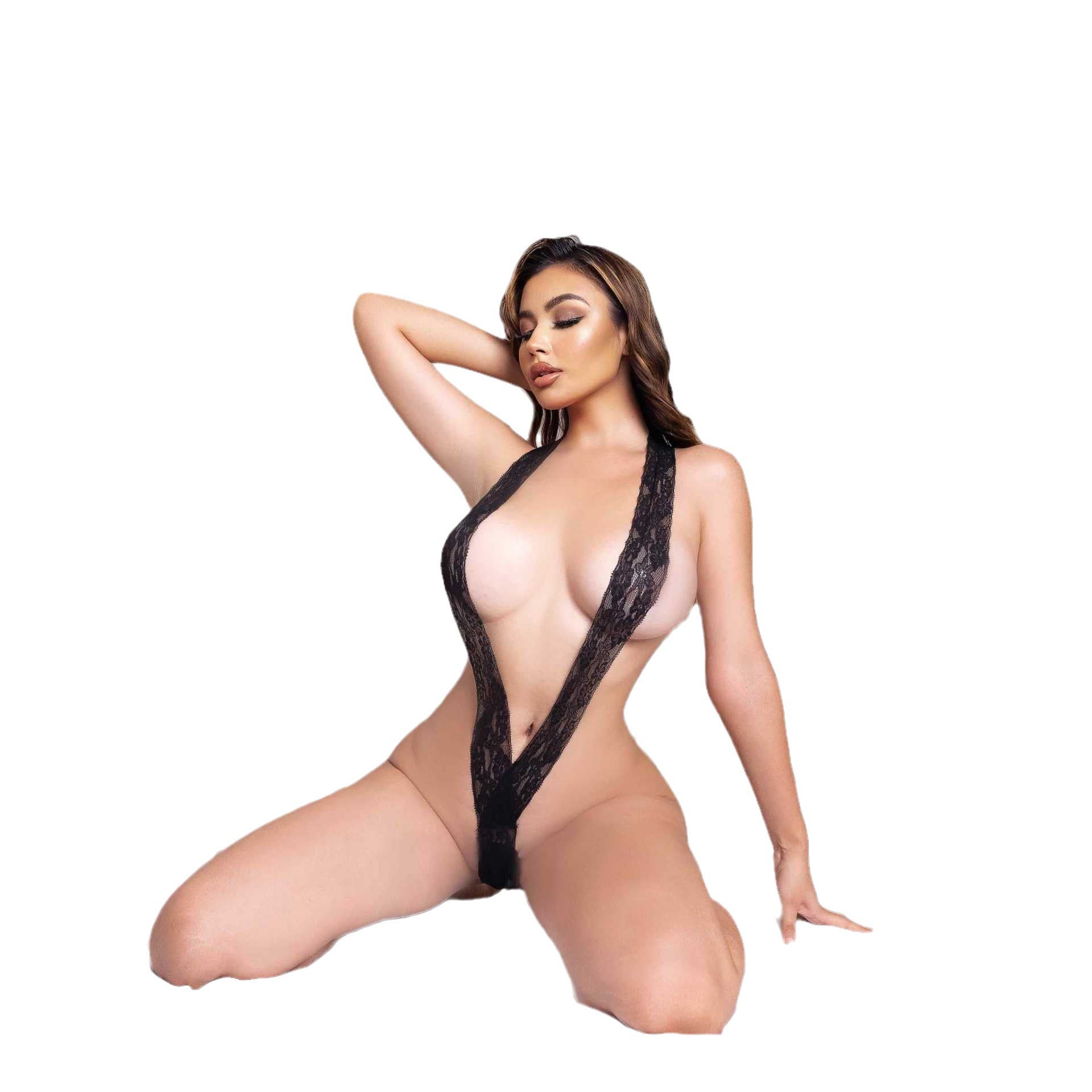 Extreme Micro Lace Three-point One-Piece Halter Bikini -Model wearing effect