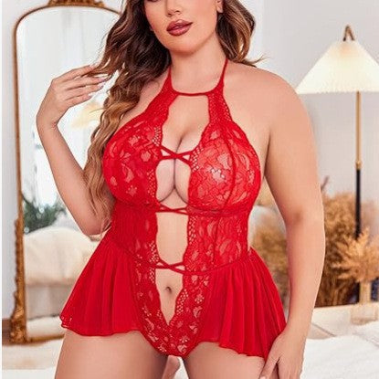 Sexy Plus Size Sheer Lace Deep V Neck Cross Halter Bodysuit Lingerie-red one details display