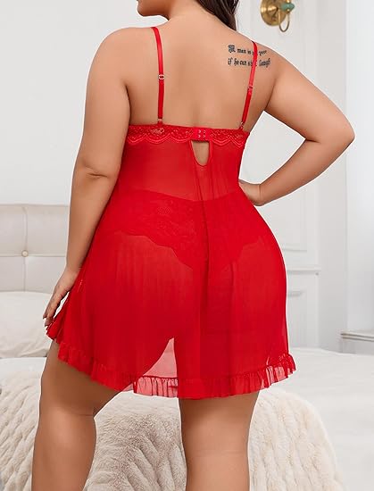 Plus Size Lace Lingerie V-Neck Open Front Chemise Sexive Nightdress-back view