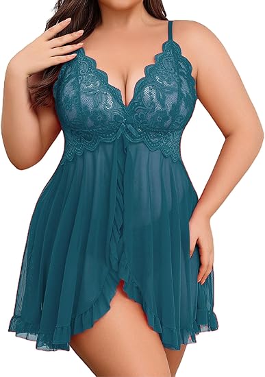 Plus Size Lace Lingerie V-Neck Open Front Chemise Sexive Nightdress-Peacock Blue
