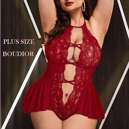  Sexy Plus Size Sheer Lace Deep V Neck Cross Halter Bodysuit Lingerie-Burgundy one details display