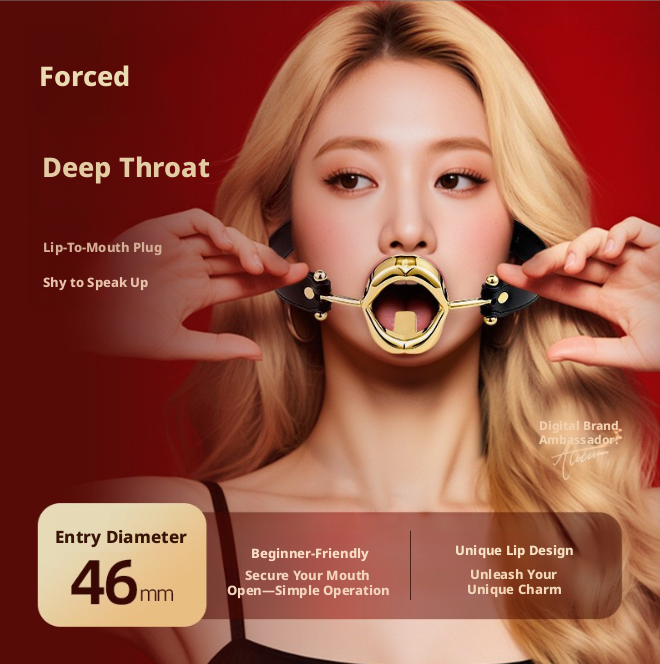 BDSM Rose Gold Deep Throat Mouth Gag on model, showcasing comfort fit and bold design for enhanced pleasure.
