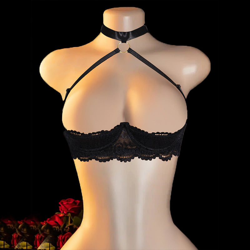 French Lace Quarter Cup Bra Sheer Embroidered Sexy Lingerie-Black Choker Butterfly Chain