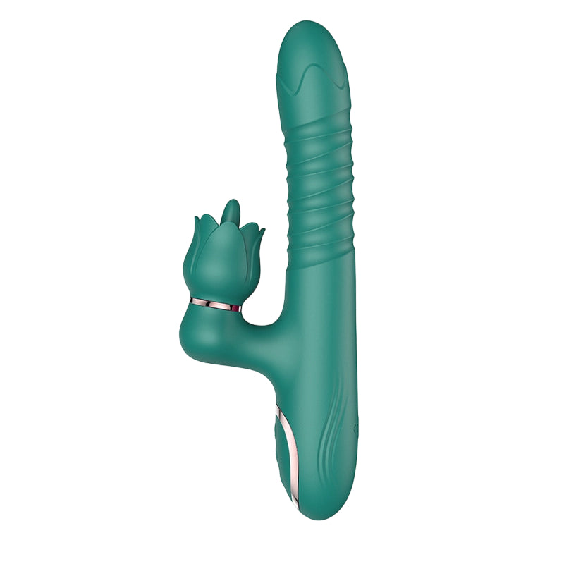 Double headed dildo: Rabbit-shaped vibrator with tongue-licking feature for enhanced pleasure.