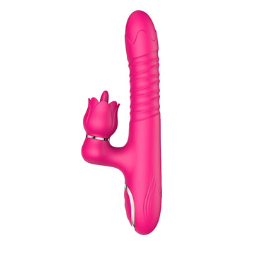 Double headed dildo in pink color with a rabbit-shaped design and tongue-licking feature for ultimate pleasure.