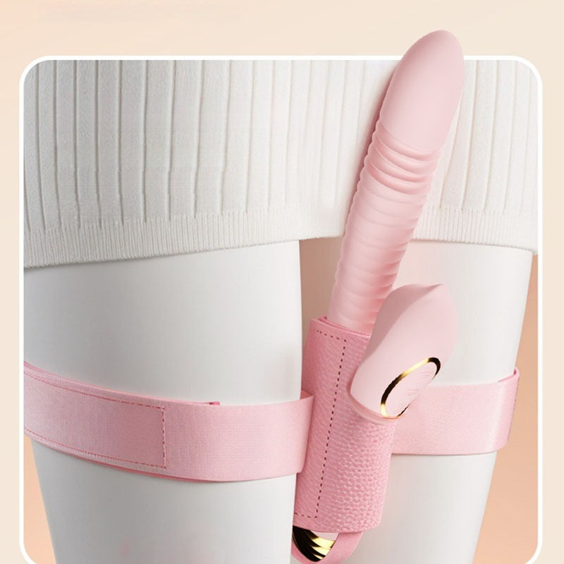 Rabbit-shaped detachable vibrator with leg straps and APP remote control, showcasing retractable rotating beads in pink.