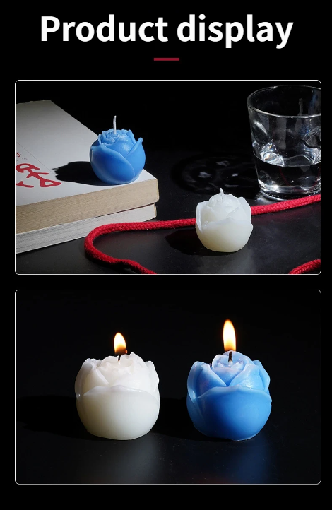 Low-Temperature Play Candle for couple BDSM displayed with flame, showcasing unique rose design in blue and white.