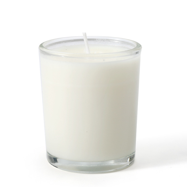 Aromatherapy Massage Candle for sex in a clear glass container, made of coconut wax, body safe and smokeless.