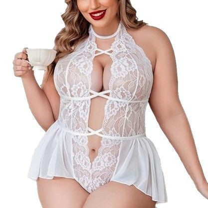  Sexy Plus Size Sheer Lace Deep V Neck Cross Halter Bodysuit Lingerie--white one model dispiay