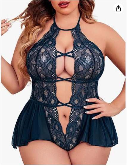  Sexy Plus Size Sheer Lace Deep V Neck Cross Halter Bodysuit Lingerie- dark green one model dispiay 