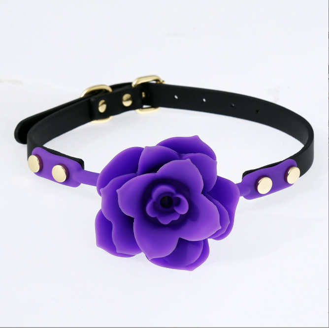 BDSM Rose-Shaped Silicone Gag on model, showcasing aesthetic design for bondage play.