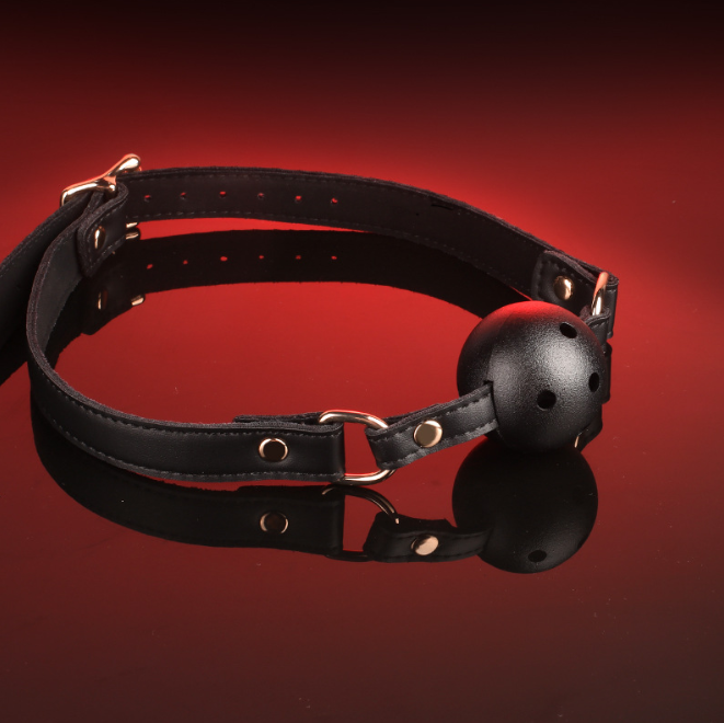 Adjustable Hollow Ball Gag with Holes - BDSM Training Tool for Couples in black with holes for breathability.
